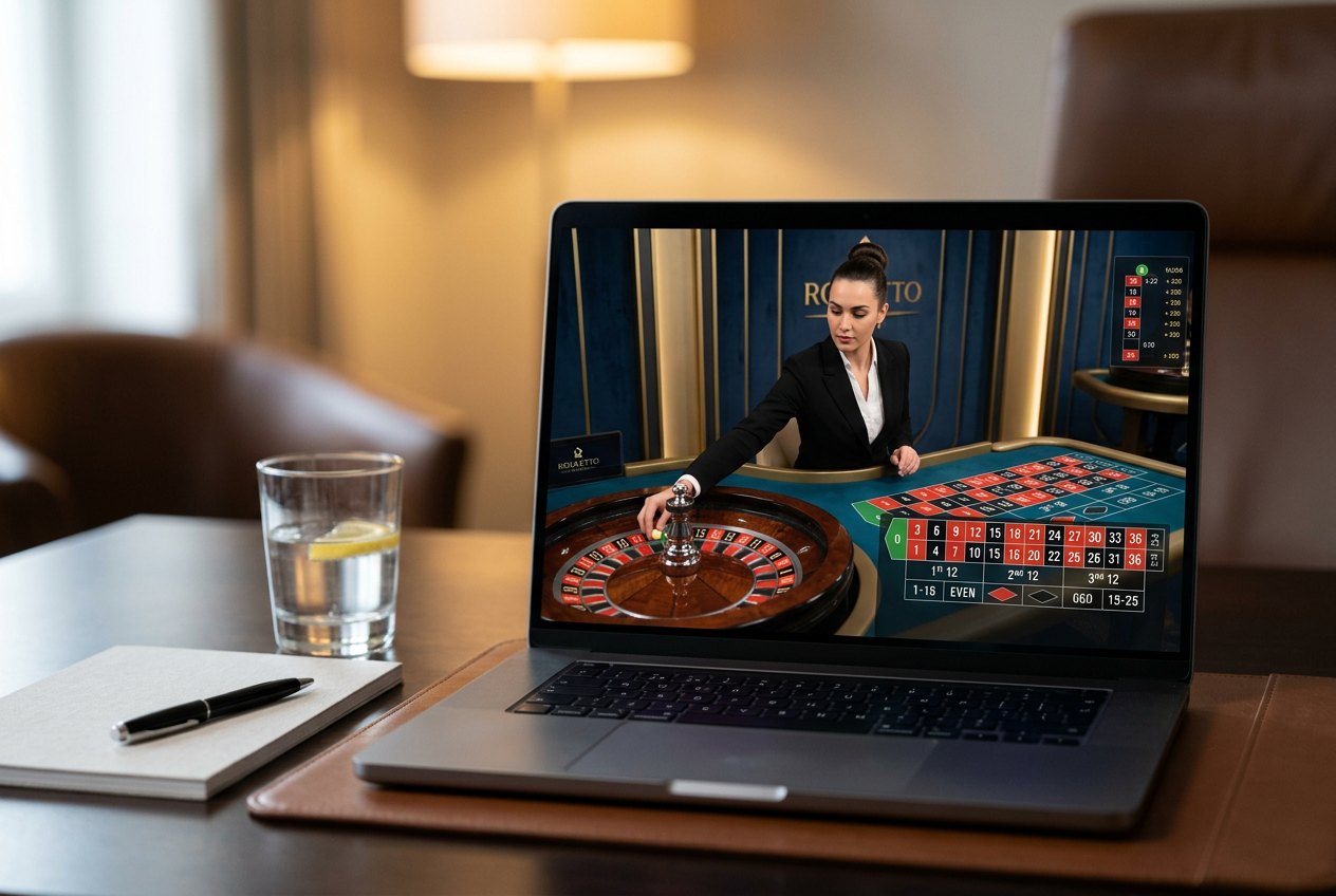 High-quality digital display of a premium live casino interface with a roulette table.