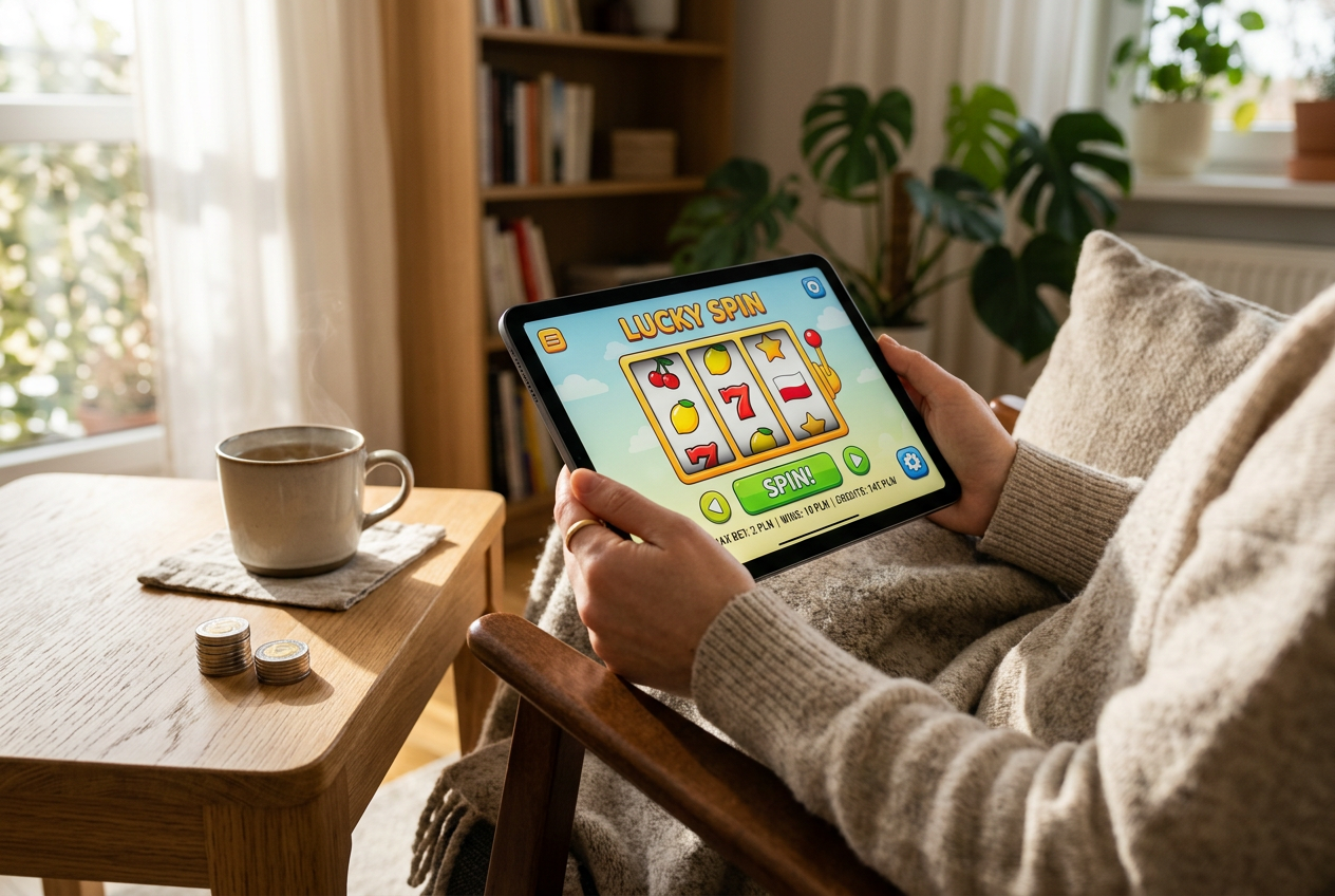 A person playing a mobile game in a peaceful, cozy home setting.