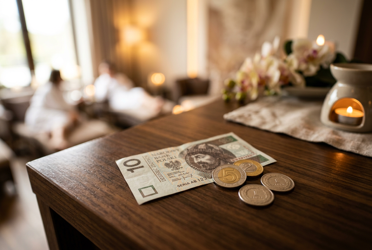 Różne nominały polskich złotych ułożone na eleganckim blacie