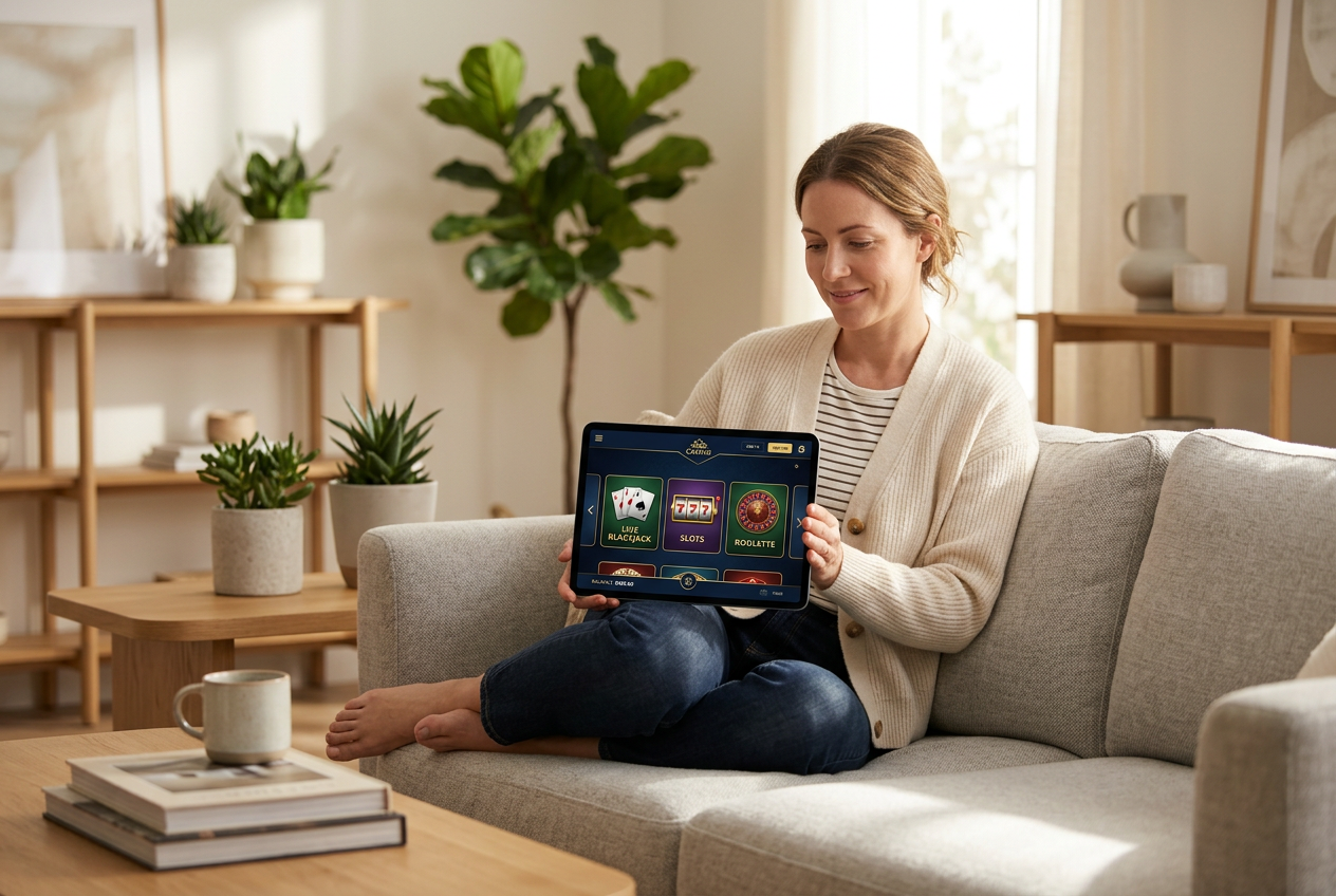 Person using a tablet in a cozy, modern living room with soft lighting.